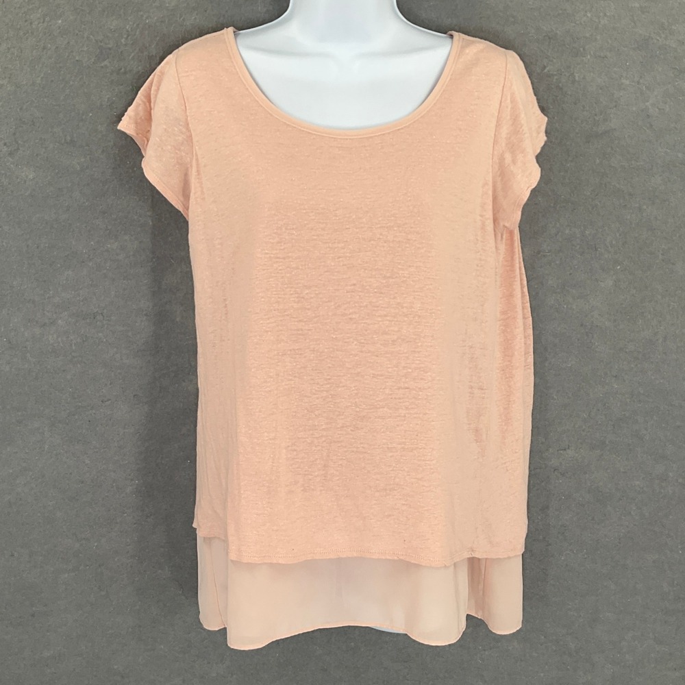 Lucky Brand Tunic Top Sz M Pink Linen Blend Short Sleeve Layered Hem Flowy Boho